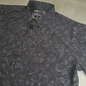 Retro Rifle Men's Large Black Rose Floral Button Front Short Sleeve Shirt Party